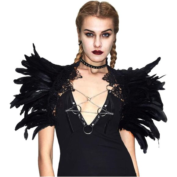 Women Black  Natural Feather Cape Shawl Shoulder Wrap Lace Collar Halloween - Picture 1 of 7